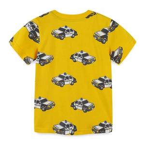 Kids yellow short sleeve cotton T-shirt featuring cartoon police car all-over prints