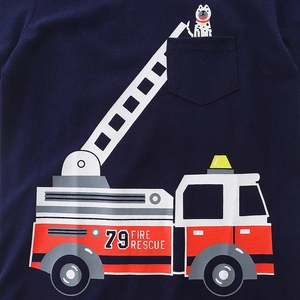 Boys navy blue cotton T-shirt featuring a cartoon fire truck print and dog in pocket
