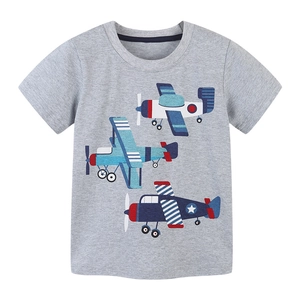 Kids grey cotton t-shirt featuring three colorful cartoon airplanes and a round neck
