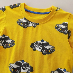 Boys yellow cotton T-shirt featuring all-over black and white police car cartoon prints