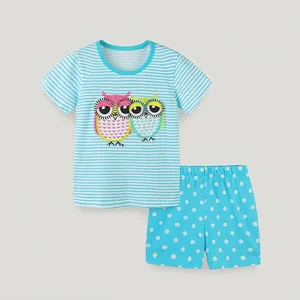 Vêtements d'Été pour Filles en Coton à Manches Courtes Rayé et Short à Pois Ensemble de Hibou de Dessin Animé Décontracté