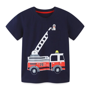 Boys short sleeve cotton T-shirt in navy blue featuring a red fire truck and dalmatian