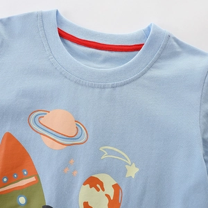 Sky blue cotton t-shirt for boys with cosmic planet and rocket print on chest