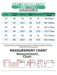 Size chart for girls cartoon print princess dress showing measurements for ages 2Y to 7Y
