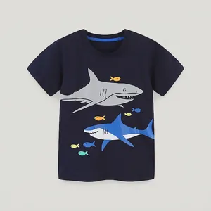 T-Shirt Décontracté en Coton pour Garçons Bleu Marine Manches Courtes Top Requin Imprimé Col Rond Enfants Respirant