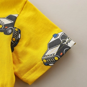 Yellow boys' cotton T-shirt featuring a cartoon police car print and fine stitching detail