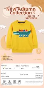 Detail of 100% cotton yellow sweatshirt for boys featuring green crocodile embroidery