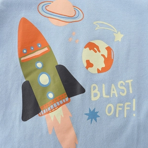 Light blue boys cotton T-shirt featuring cartoon space rocket print and Blast Off text