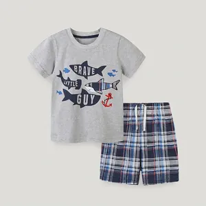 Ensemble Décontracté pour Garçons T-Shirt en Coton à Imprimé Requin et Short à Carreaux Vêtements de Dessins Animés
