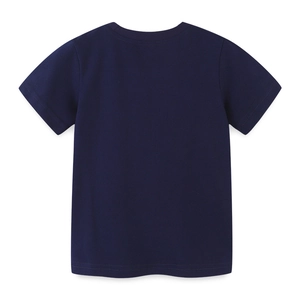 Navy blue short sleeve cotton T-shirt for boys shown from a clean back view flat lay