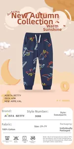 Detail of navy cotton joggers for boys featuring colorful dinosaur print and drawstring waist