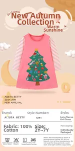 Pink cotton knit dress for girls with festive Christmas tree appliqué and striped sleeves