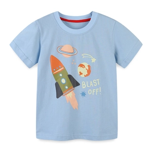 Light blue cotton boy t-shirt with space rocket print and Blast Off slogan