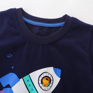 Dark blue kids crew neck t-shirt with cartoon rocket print and ribbed collar detail