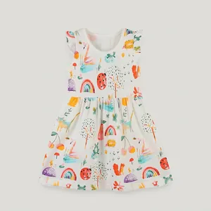 Robe de Princesse d'Été pour Petites Filles Imprimé Animaux Manches Courtes 100% Coton Col Rond Manches Papillon