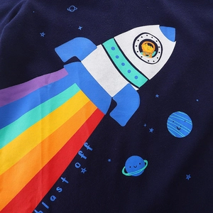 Kids navy cotton T-shirt featuring a colorful cartoon rocket and blast off print