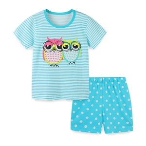 Pyjama fille en coton à rayures bleues avec broderie hibou et short à pois assorti
