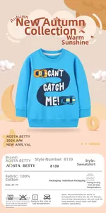 Detail view of cotton kids sweatshirt featuring blue racing car print and 100% cotton label