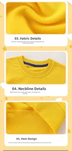 Detailed views of yellow sweatshirt showing fabric texture, ribbed neckline, and hem