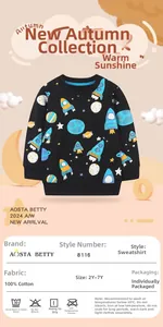 Detail eines Kinder-Sweatshirts aus 100% Baumwolle mit bunten Weltraum-Cartoon-Motiven
