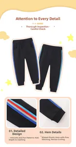 Detail of kids black joggers with colorful side stripes and ribbed elastic ankle cuffs