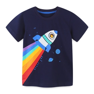 Kids navy blue short sleeve T-shirt featuring a colorful cartoon rocket and blast off print