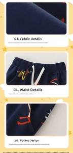 Detail view of boys' navy jogger pants featuring elastic drawstring waist and print