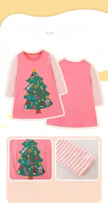 Close-up of Christmas tree print and striped sleeve stitching on toddler knit dress