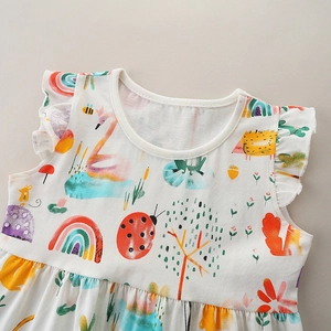 Robe d'été pour filles en coton avec motifs de dessins animés de cygnes et d'arcs-en-ciel