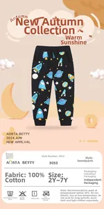Detail of boys 100% cotton joggers featuring space theme rocket and planet prints