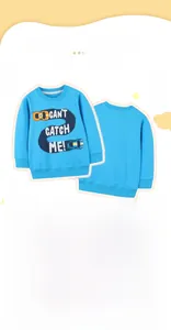 Detail view of boys bright blue sweatshirt with cartoon race car print and ribbed cuffs