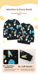 Details des Raketenprints und der Rippstrickbündchen am schwarzen Baumwoll-Sweatshirt