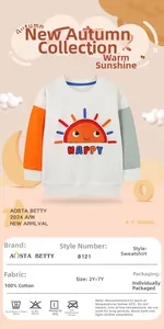Detail of 100% cotton kids sweatshirt showing color-block sleeves and happy sun graphics