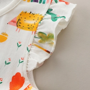 Robe blanche pour fille en coton avec motif hérisson de dessin animé et manches volantées