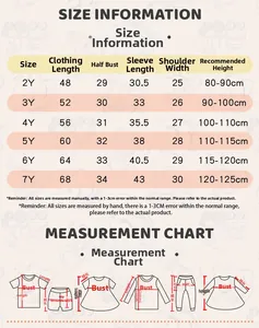 Size chart for girls long sleeve dress from 2Y to 7Y with detailed measurements