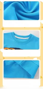 Detail of ribbed neckline and elastic hem on kids bright blue long sleeve sweatshirt