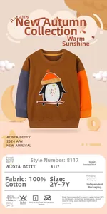 Detail of 100% cotton kids sweatshirt featuring cartoon penguin embroidery and raglan sleeves