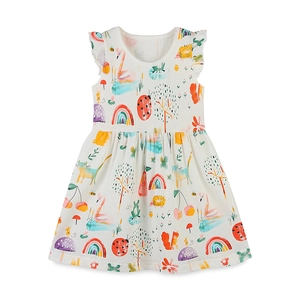 Robe blanche en coton pour filles avec motifs animaux colorés, manches courtes et volants