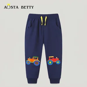 Boys Cotton Embroidered Tractor Cartoon Sweatpants Kids Casual Deep Blue Joggers Sporty Trousers For Toddlers