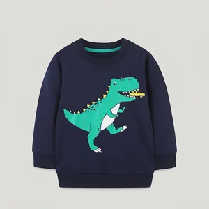 Boys Cotton Long Sleeve Sweatshirt Navy Blue Cartoon Dinosaur Graphic Pullover Crew Neck Kids Fall Casual Tops