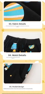 Detail of kids black cotton joggers featuring elastic waist with drawstring and star print