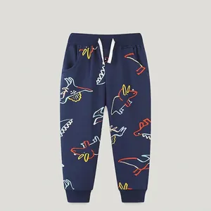 Cotton Boys Joggers Soft Western Style Navy Blue Dinosaur Print Cuffed Sweatpants For Toddlers Casual Sports Pants