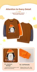 Detail of color-block sleeves and cartoon penguin embroidery on kids sweatshirt