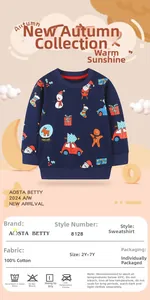 Detail of navy blue boys' cotton sweatshirt with festive Santa and snowman prints