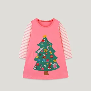 Girls Christmas Tree Cotton Dress Long Sleeve Striped Patchwork Princess Knitted Dresses Pink Autumn Holiday Party Apparel
