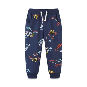 Dark blue boys dinosaur print jogger pants with adjustable drawstring waist and ribbed cuffs