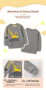 Detail view of boys gray sweatshirt featuring yellow excavator and cartoon cat print