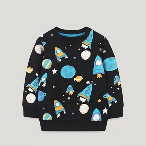 Jungen 100% Baumwolle Sweatshirt Cartoon Weltraumrakete Planet Bedruckt Langarm Rundhals Pullover Top Lässige Kinder Herbst Kleidung