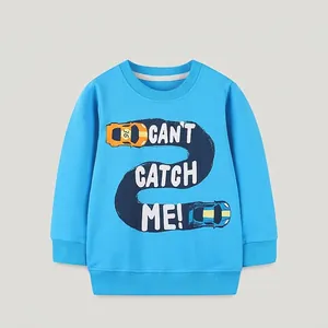 Kids Boys Race Car Print Sweatshirt 100% Cotton Long Sleeve Pullover Crew Neck Bright Blue Autumn Casual Top