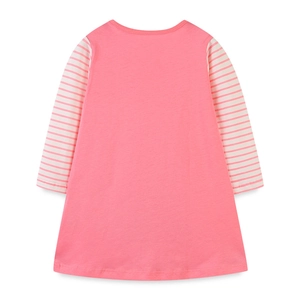 Pink cotton long sleeve dress for girls with white striped sleeves and a round neck
